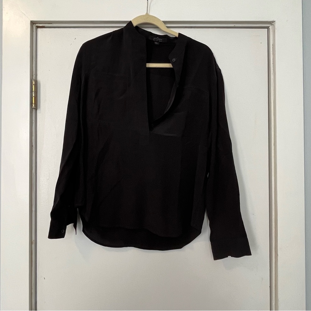 All Saints Black Long Sleeve light weight silk button collar Blouse office work